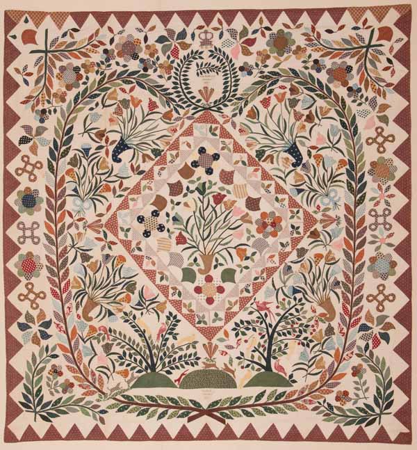 Applique and Pieced Cornucopia and Floral Medallion Counterpane